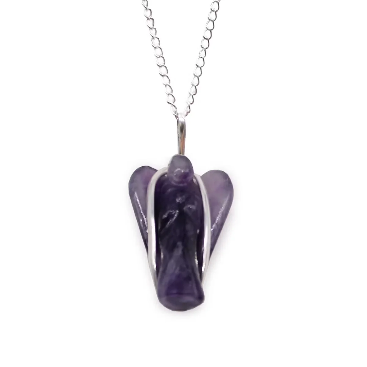 Amethyst gemstone guardian angel pendant on a silver chain, elegant guardian angel jewellery accessory