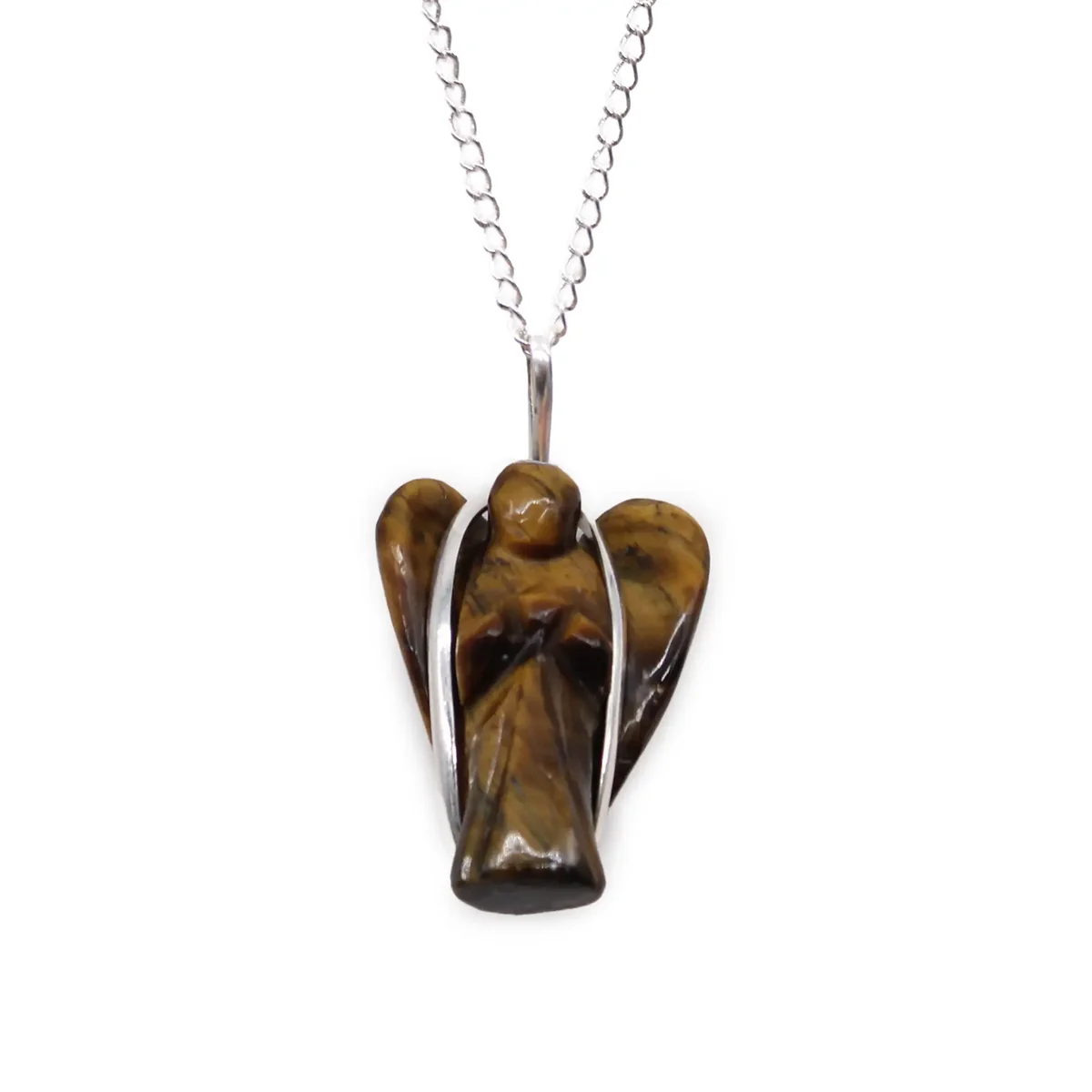 Guardian angel pendant featuring a polished tiger eye gemstone on a silver chain, elegant and spiritual jewelry piece