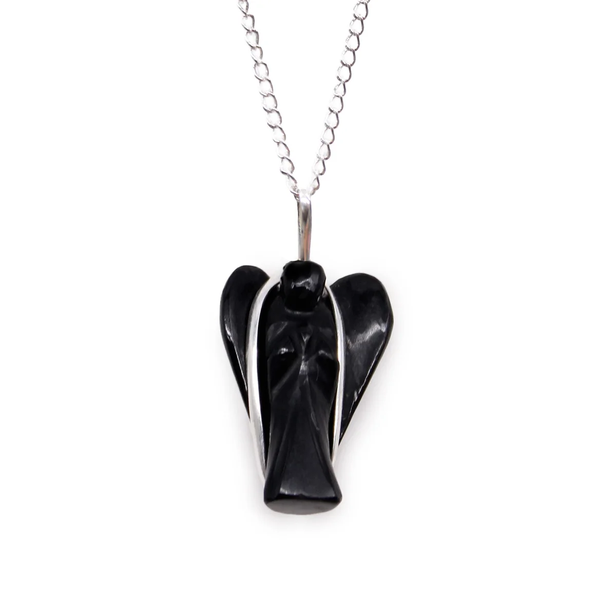 Guardian angel pendant featuring a black agate gemstone set in a silver angel-shaped design on a white background