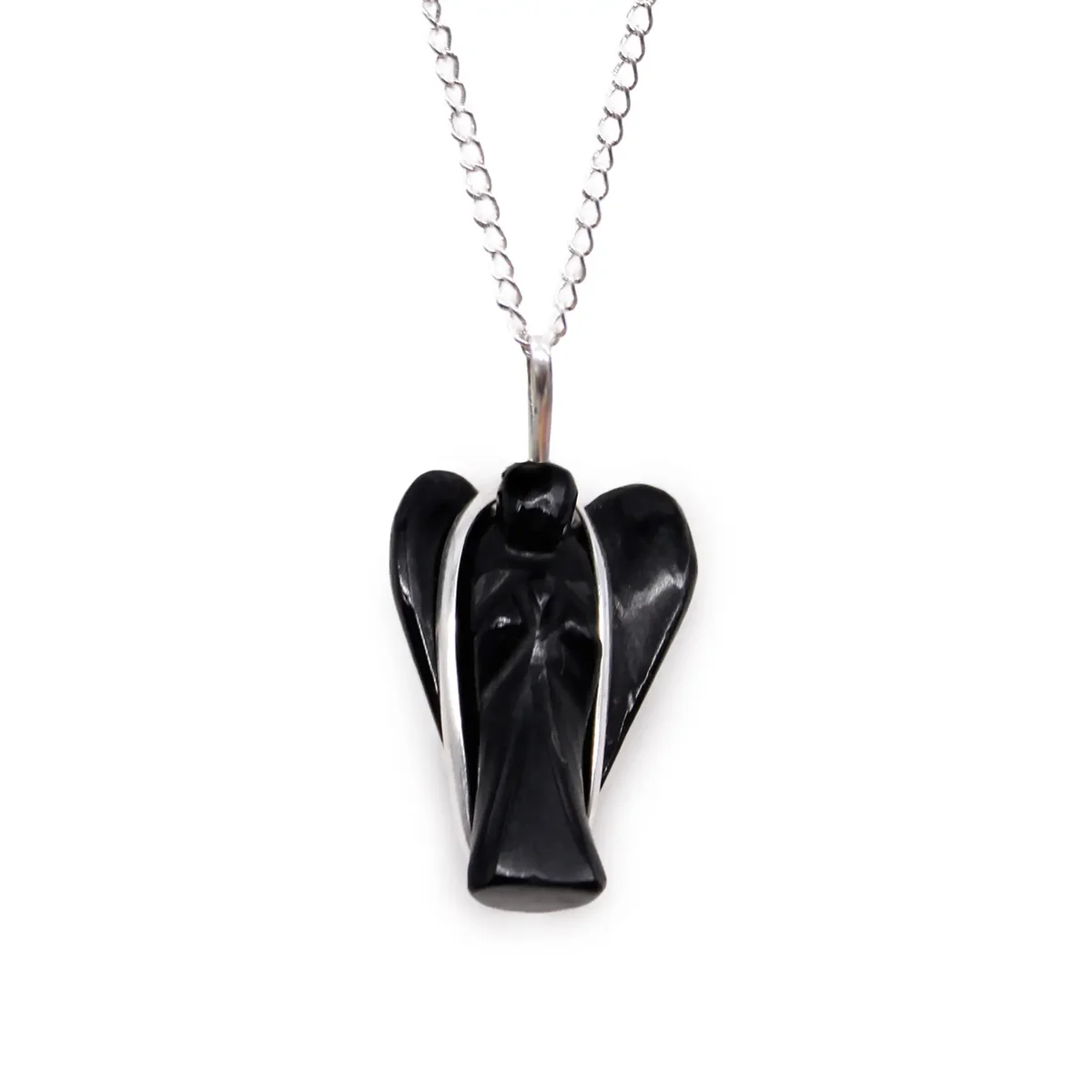 Guardian angel pendant featuring polished black agate stone on a silver chain black agate necklace accessory