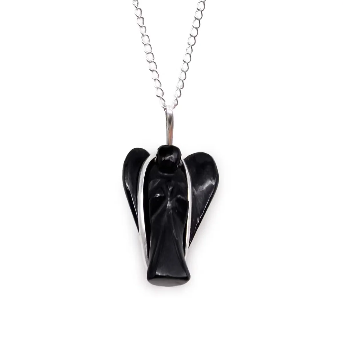 Black agate gemstone pendant shaped like a guardian angel, elegant angel jewellery on a silver chain