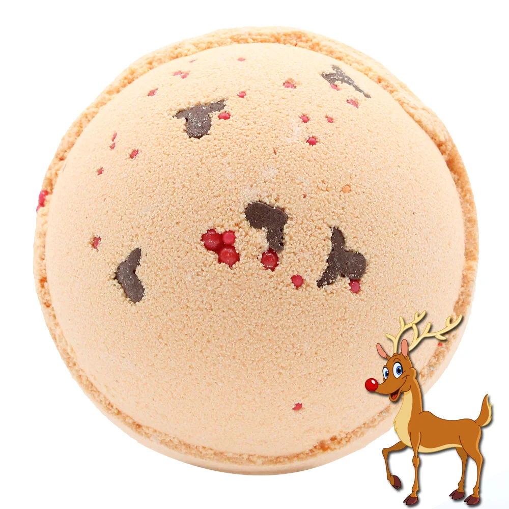 Reindeer-shaped red nose bath bomb with toffee and caramel scent on a white background