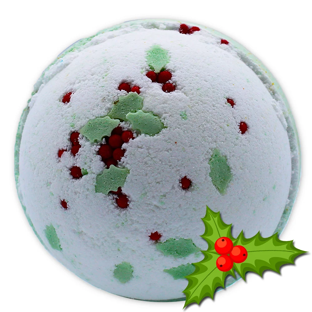 Festive bath bombs shaped like holly berries and mistletoe with red and green colors for Christmas bath time fun