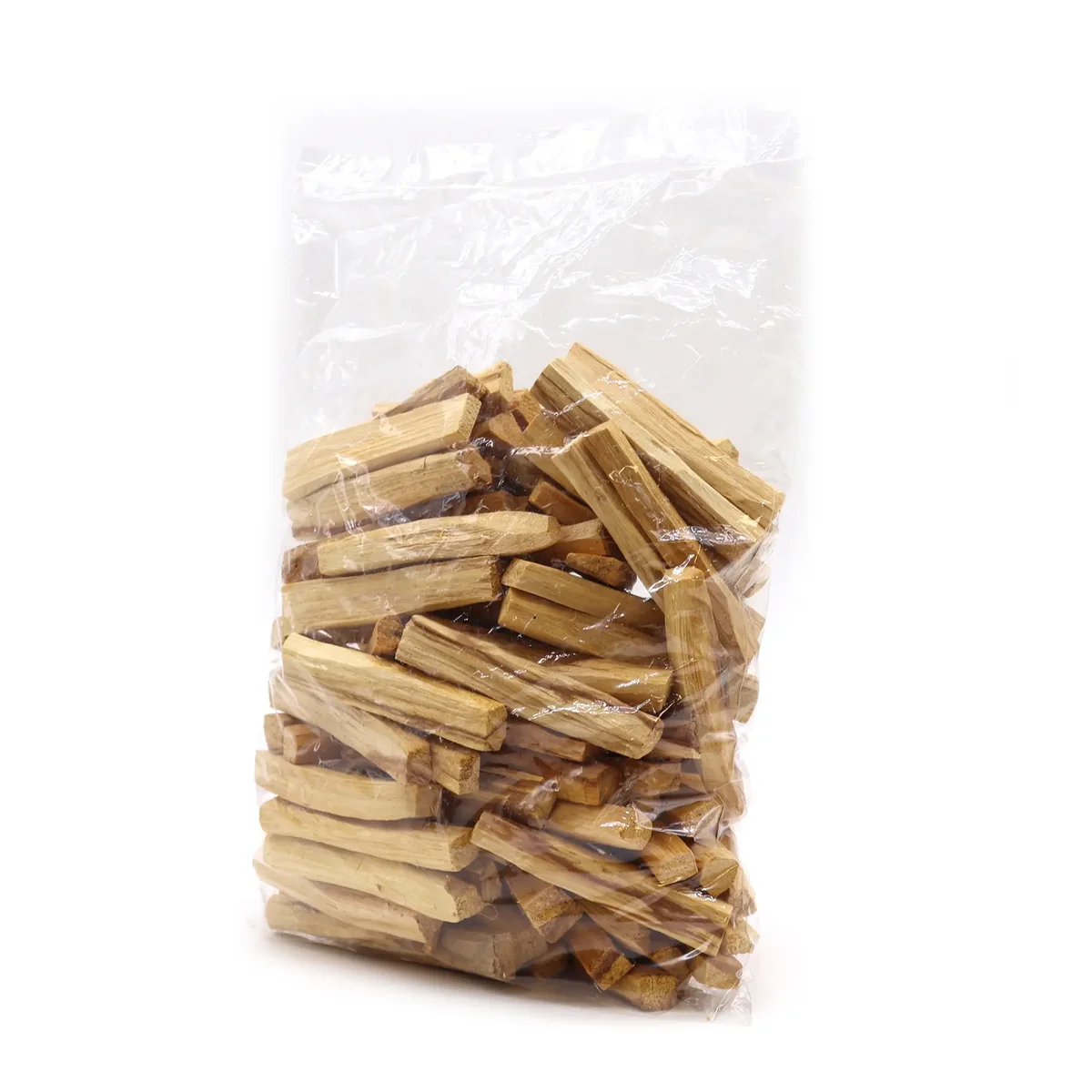 Bundle of 1st grade palo santo wood sticks stacked on a white background for smudging and aromatic use