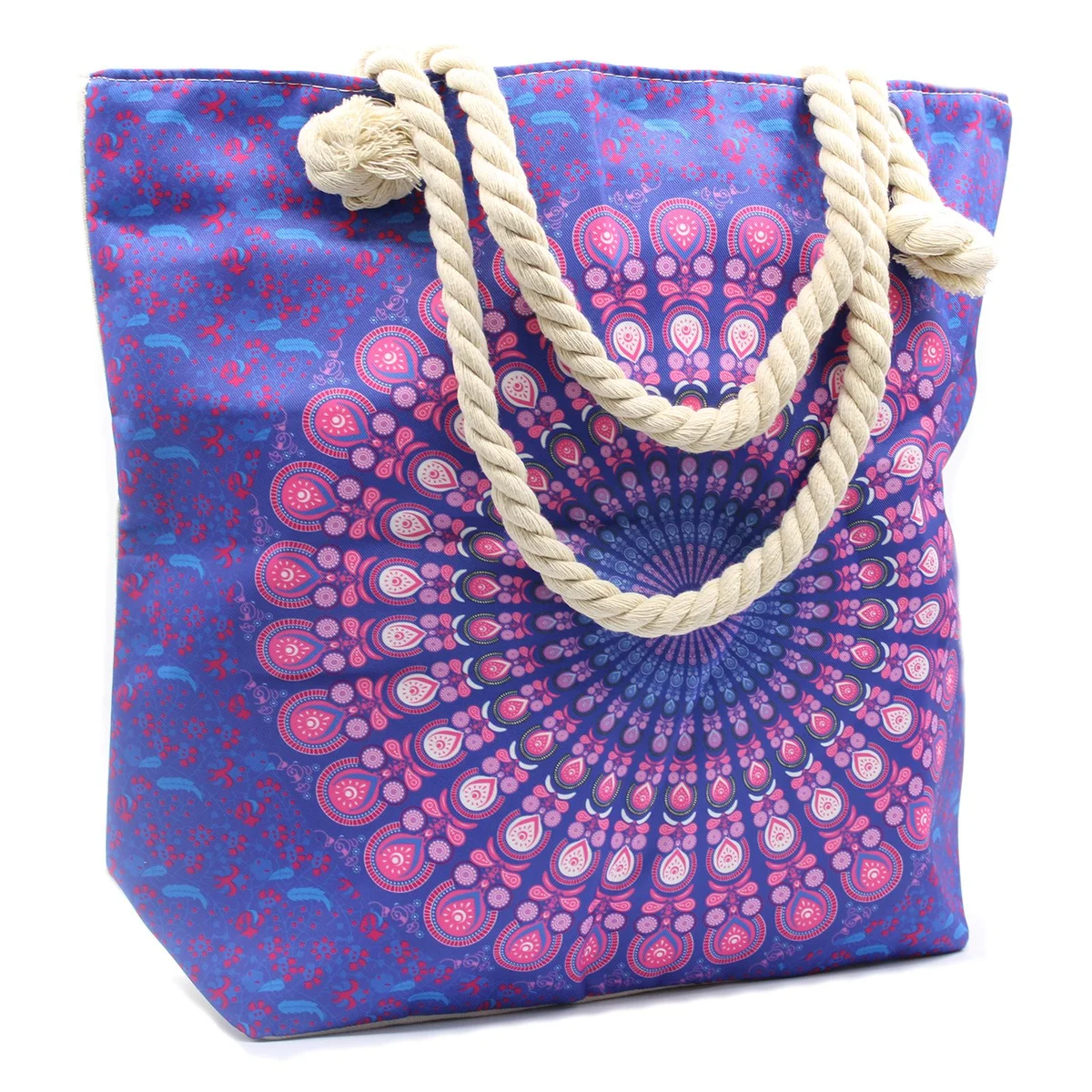 Purple and blue Mandela rope handle bag with sturdy rope handles against a white background