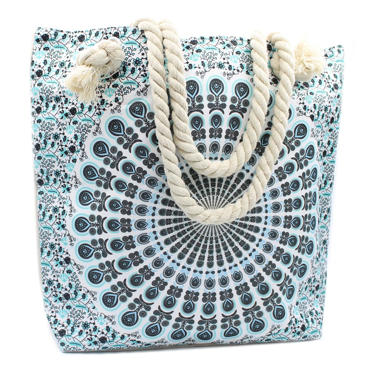 Sky blue rope handle bag with Mandela design, featuring sturdy rope handles and spacious interior for everyday use