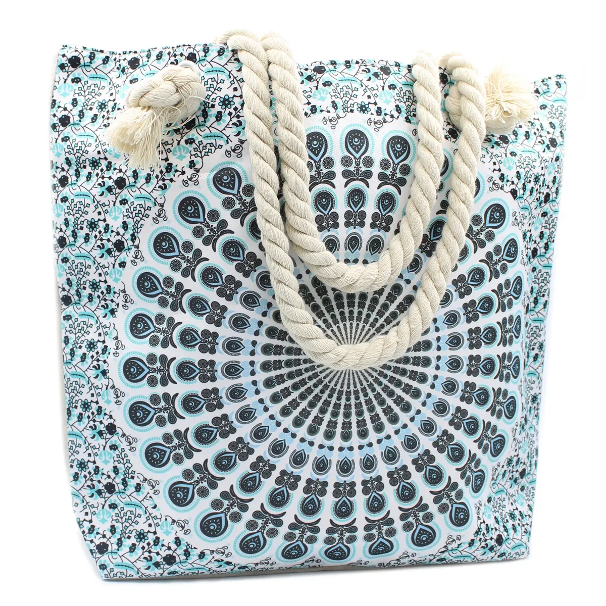 Sky blue handbag with rope handles styled as a Mandela bag against a plain background