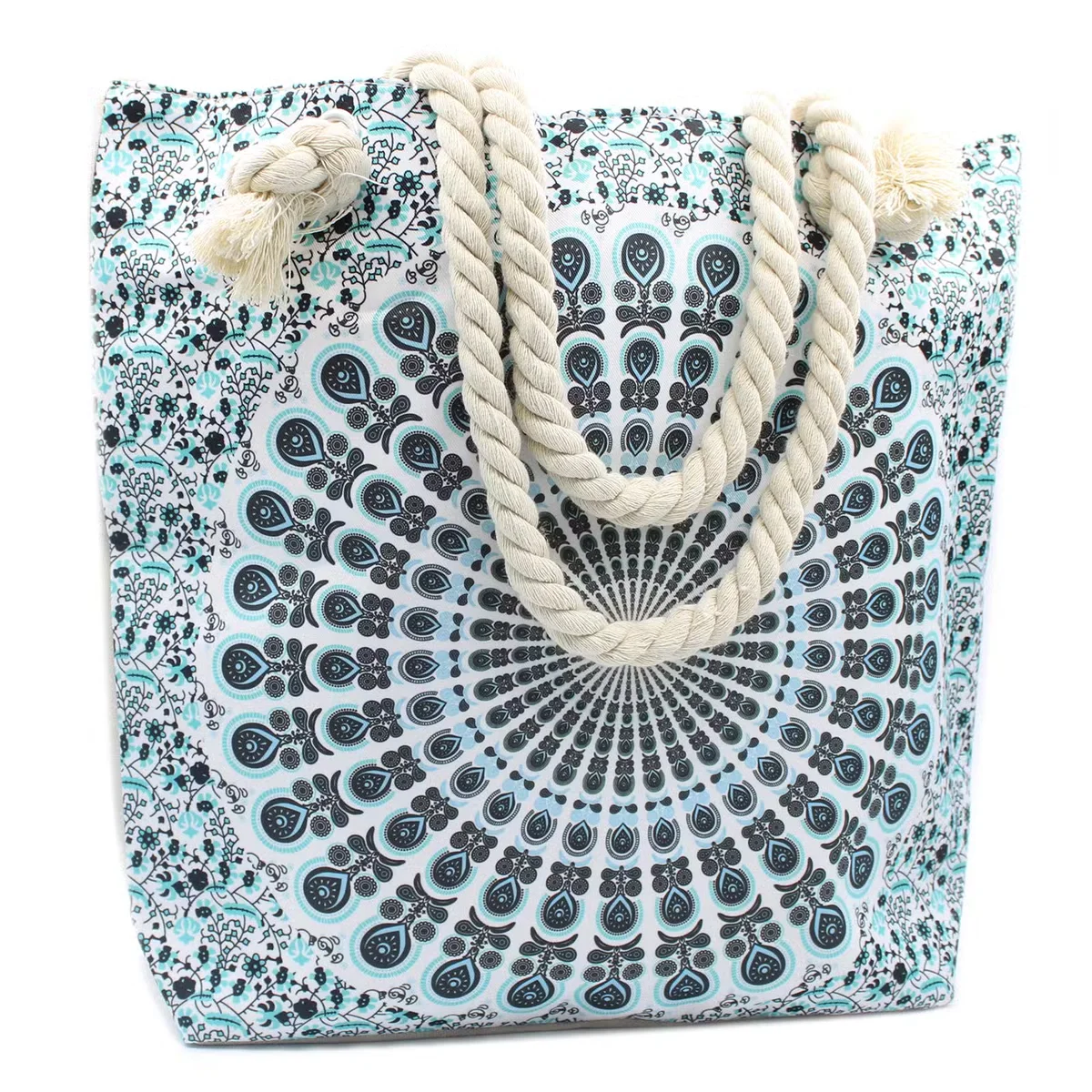 Sky blue Rope Handle Mandela summer tote bag displayed against a white background, showing front and rope handles details