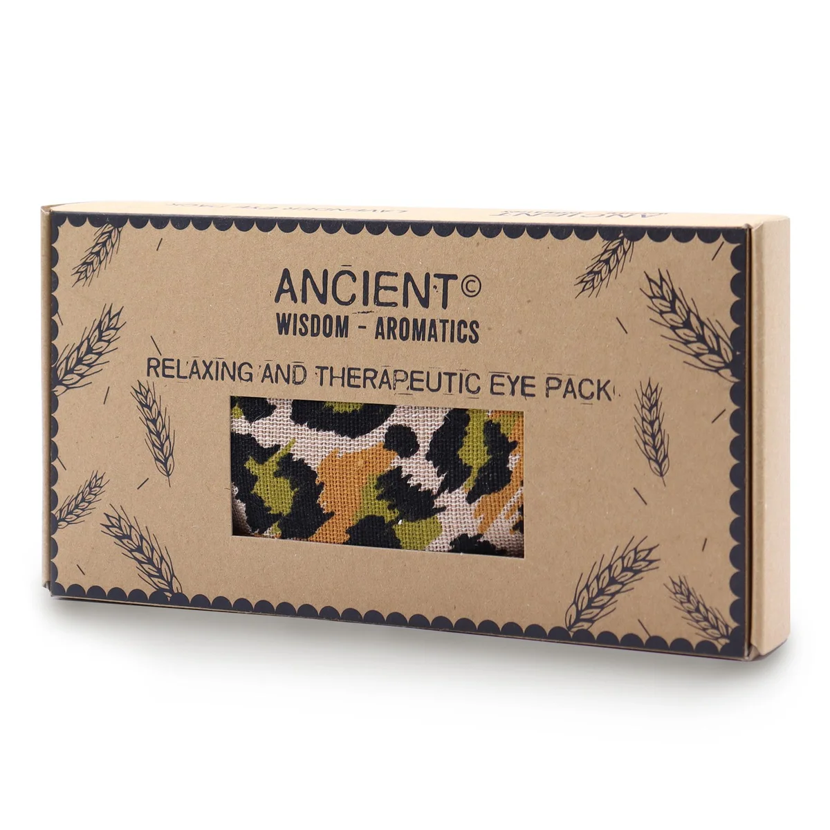 Lavender eye pillow made of natural cotton and juco with night leopard print, presented in a gift box