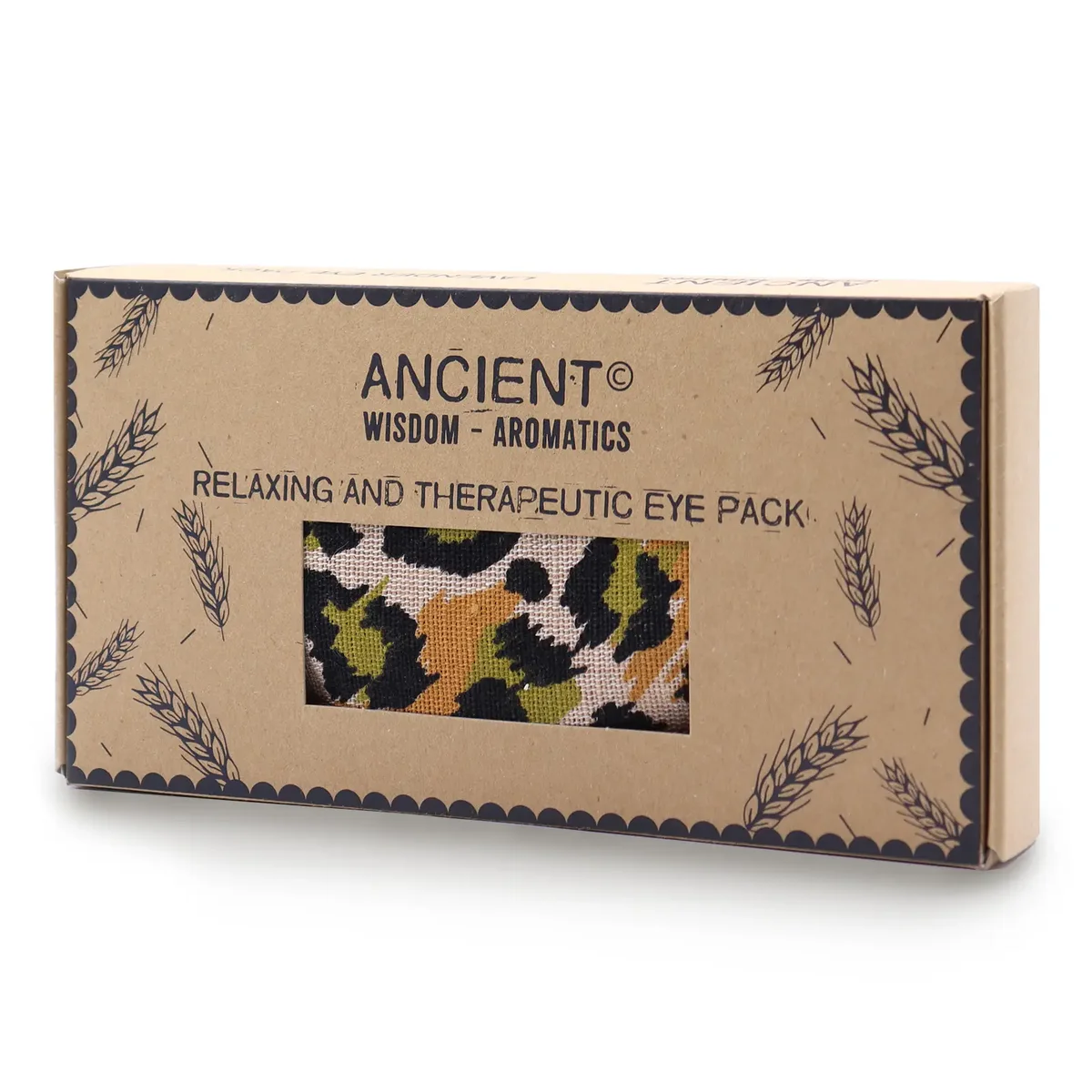 Natural cotton eye pillow with lavender filling in a night leopard print, presented in a gift box