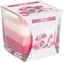 Rainbow jar candle stacked with colored layers, labelled rose, a rose scented candle