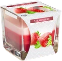 Rainbow jar candle in clear glass, strawberry colour, vibrant rainbow design.