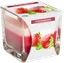 Rainbow banded jar candle with bright strawberry hue, appealing fruity scented candle design