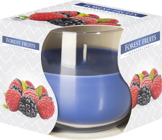 Scented glass jar candle with forest fruits fragrance in a clear glass container with a white lid on a plain background