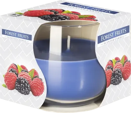 Glass jar candle labeled Forest Fruits with a lit wick, showcasing the forest fruits candle product design