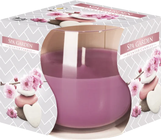 Scented glass jar candle labeled Garden SPA with a wooden lid on a white background