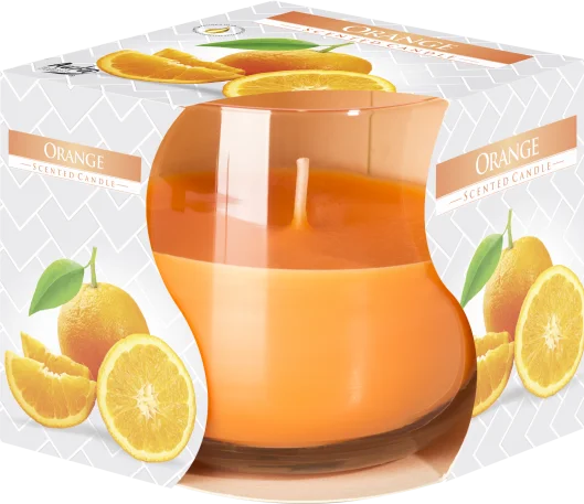 Orange scented glass jar candle with a lit wick in a clear glass container on a white background