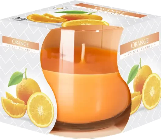 Orange scented candle in a clear glass jar with a lit wick on a white background