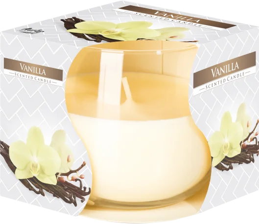 Vanilla scented candle in a clear glass jar with a lit wick on a white background