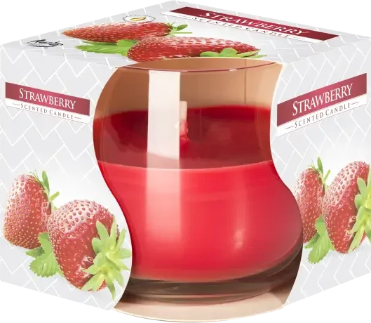 Strawberry scented glass jar candle with a clear lid on a white background