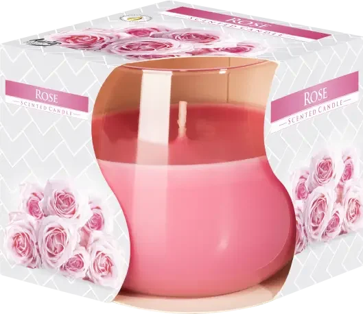 Clear glass jar with a lit rose scented candle inside, showing soft pink wax and warm flame glow