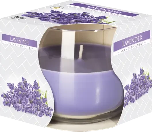 Lavender scented glass jar candle with a clear container and a lit wick on a white background
