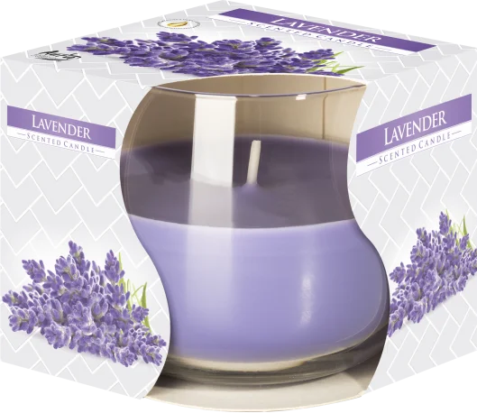 Lavender scented glass jar candle with lit wick, showcasing scented candles UK for home fragrance and decor