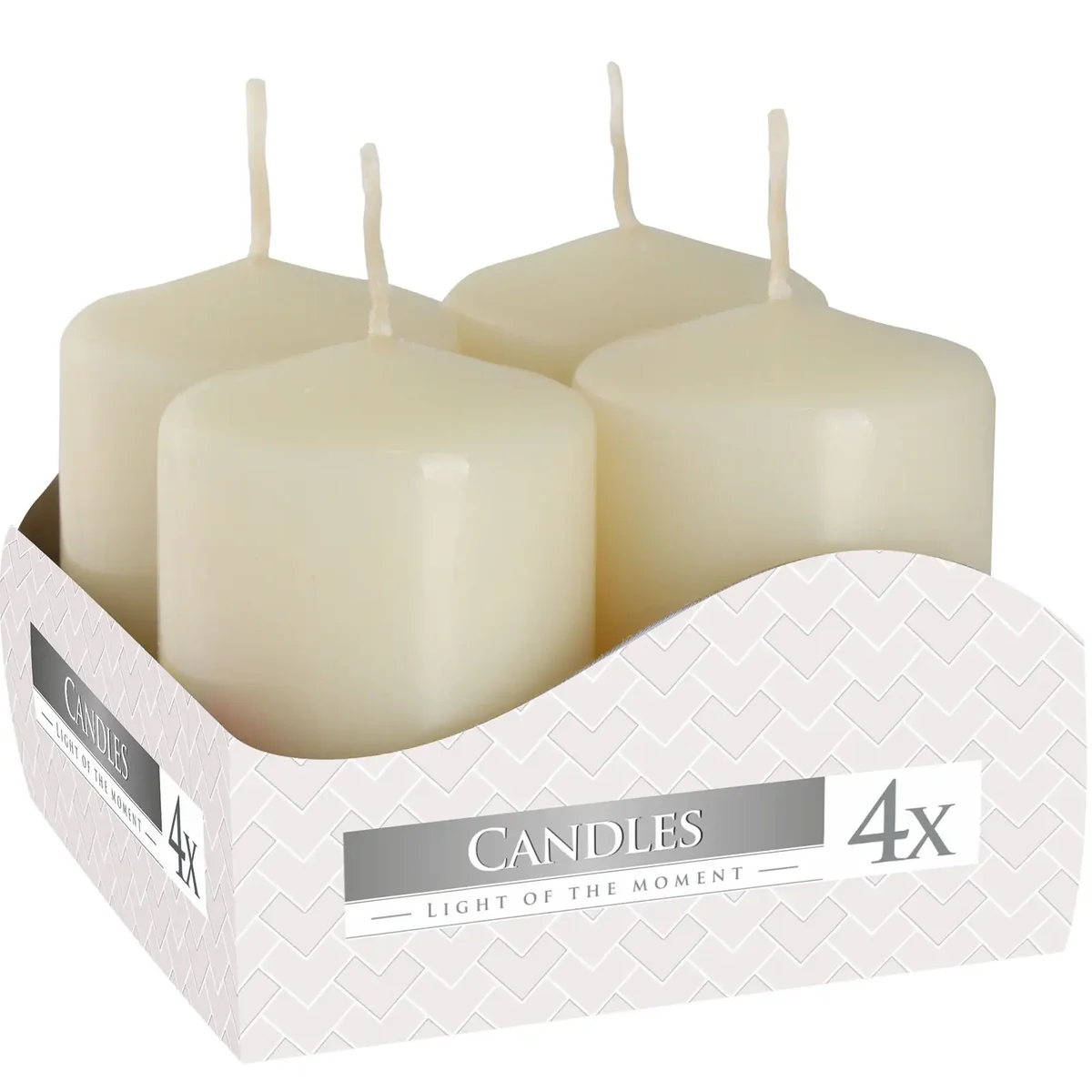 Set of 4 ivory pillar candles, each 40x60mm, arranged together on a plain background