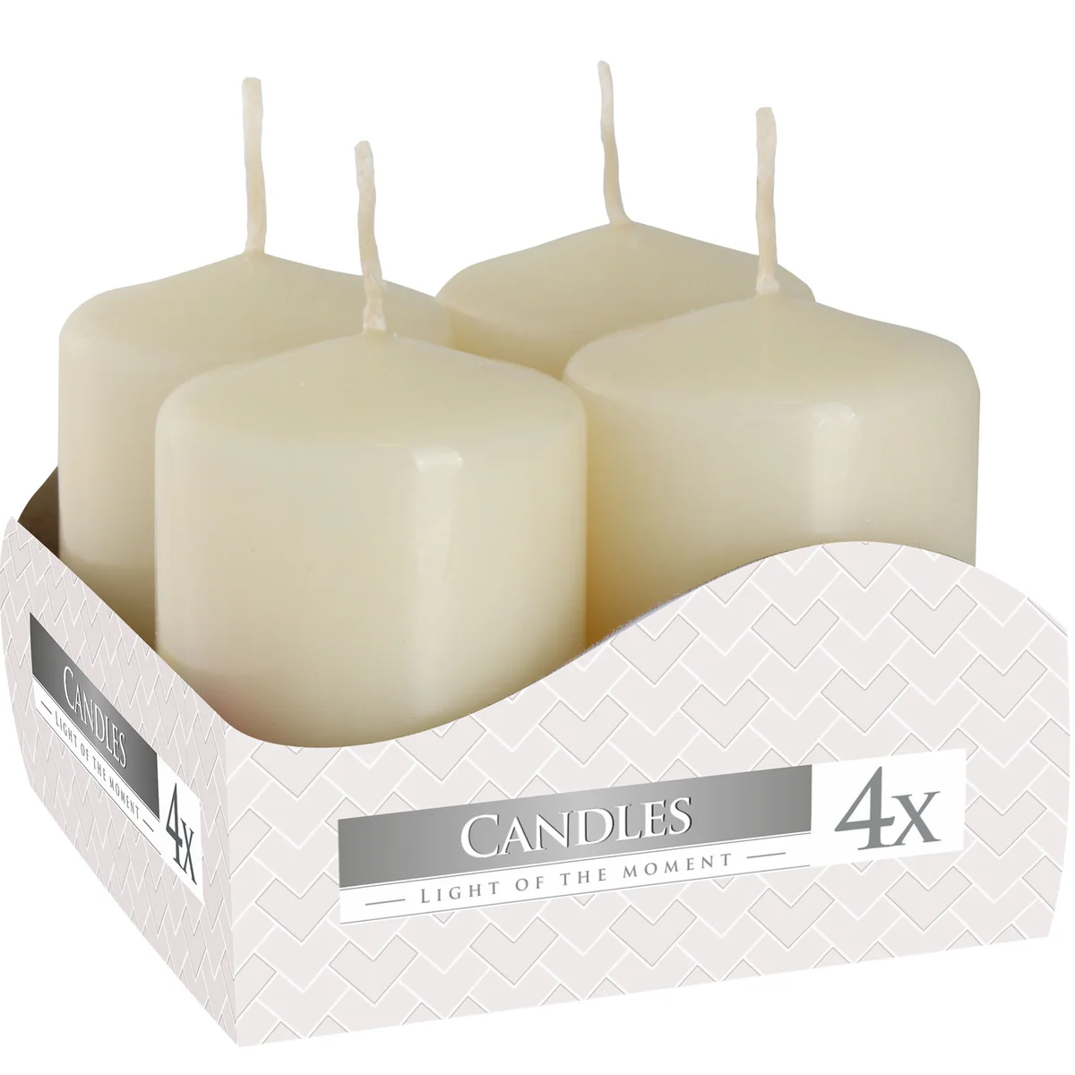 Set of four ivory pillar candles 40x60mm arranged side by side on a white background