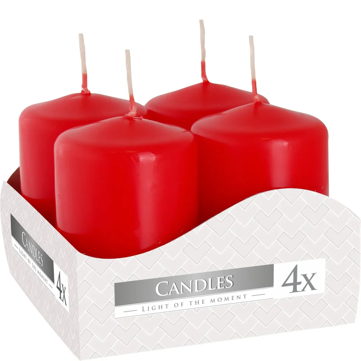 Set of 4 pillar candles in red, each measuring 40x60mm, arranged together on a white background