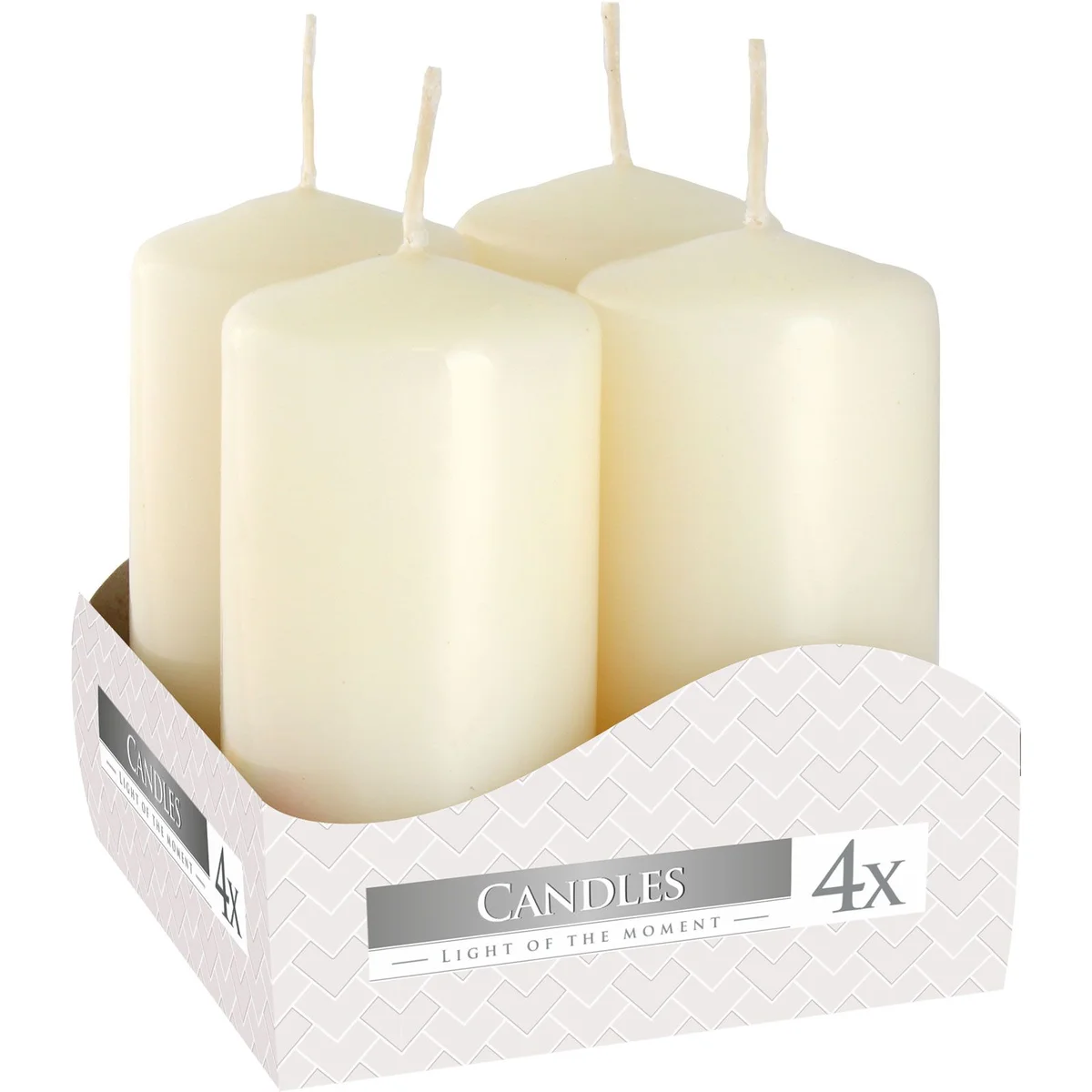 Set of 4 ivory pillar candles, each 40x80mm, arranged together on a white background