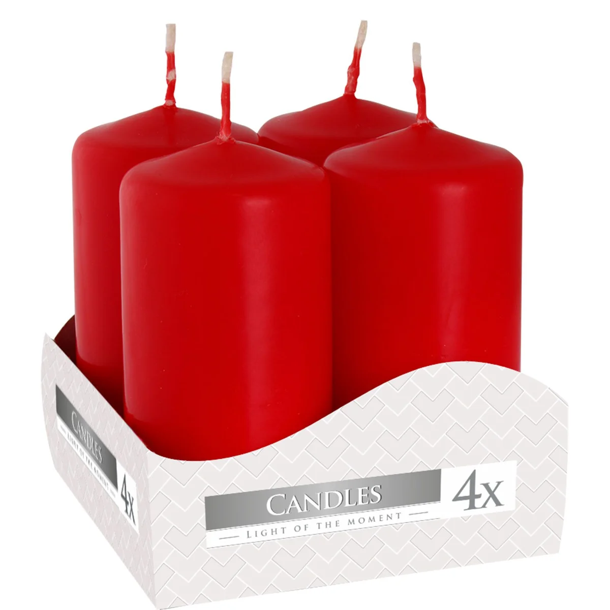 Set of 4 red pillar candles 40x80mm arranged together on a white background red pillar candles set