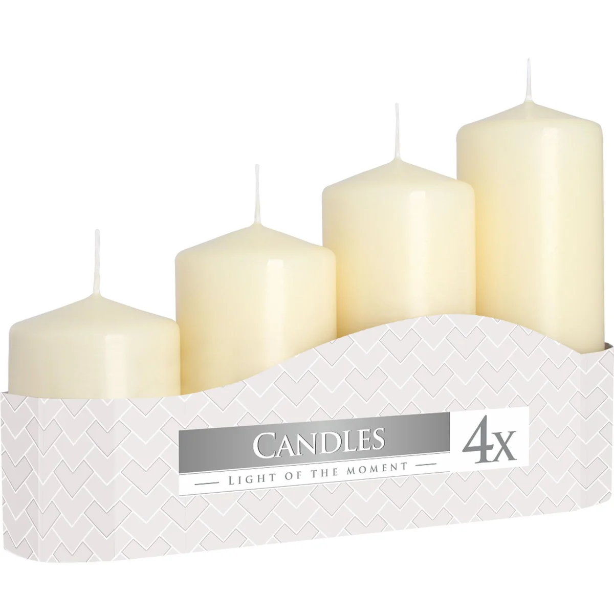 Set of 4 ivory pillar candles in varying heights (11, 16, 22, 33 cm) arranged side by side on white background