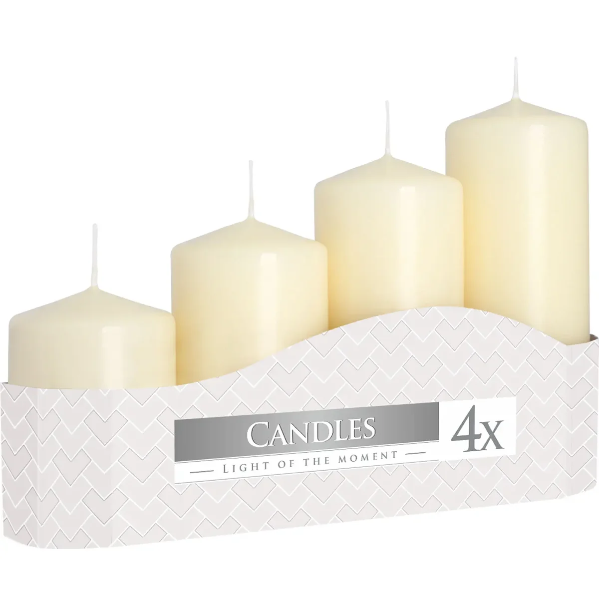 Set of 4 pillar candles in ivory, varying heights 11, 16, 22, and 33 cm, with 50mm diameter each