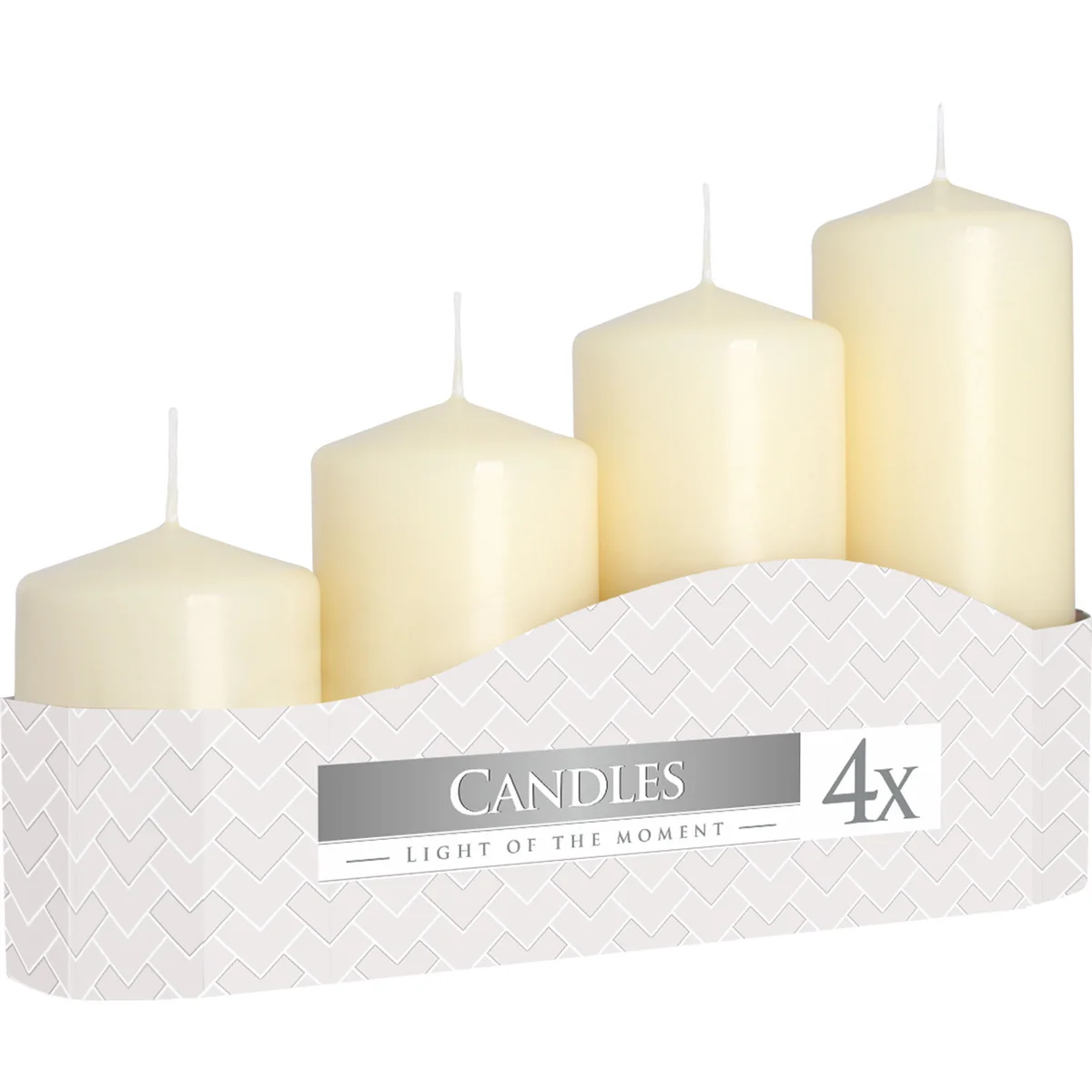 Four ivory 50mm pillar candles of varying heights (11, 16, 22, 33 cm) arranged side by side on a white background