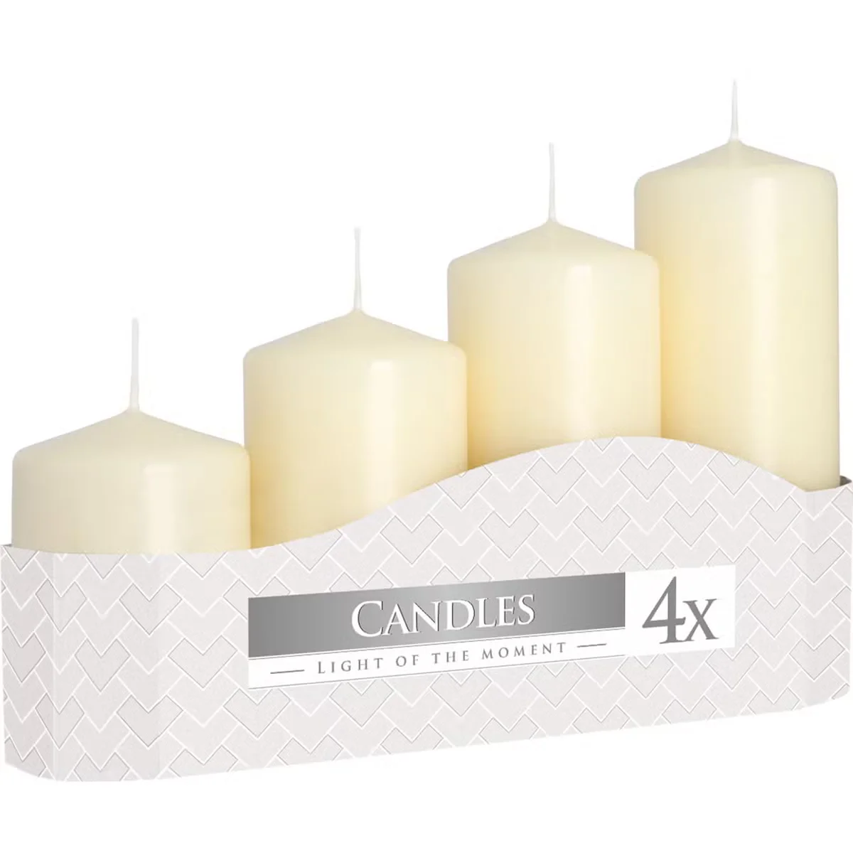 Four ivory decorative candles of varying heights 11, 16, 22, and 33 cm arranged side by side