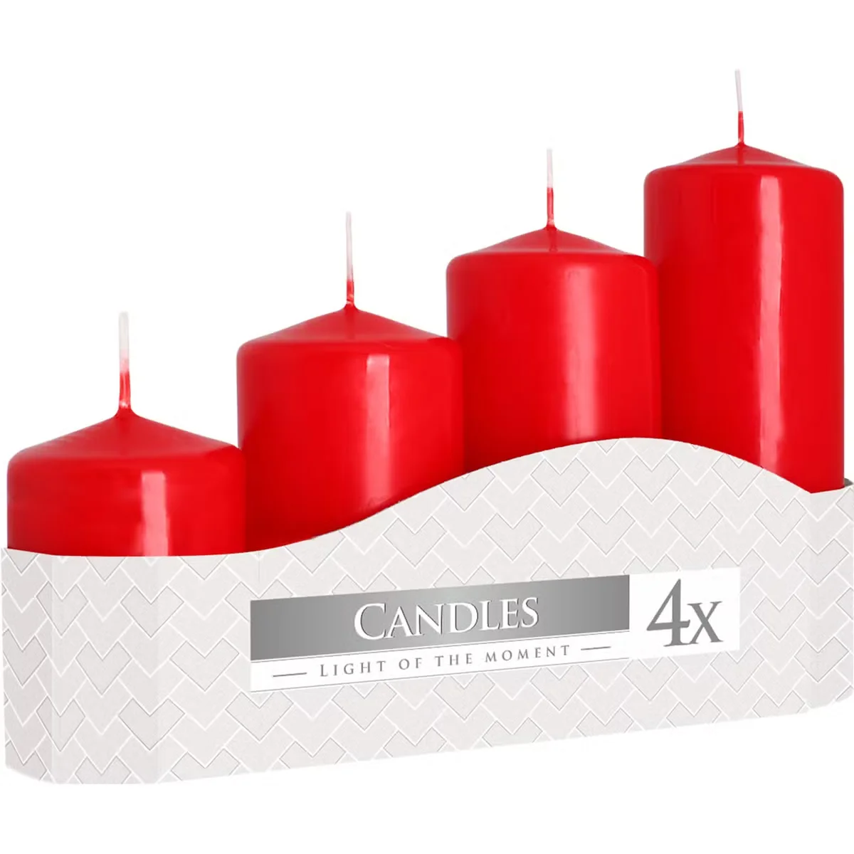 Four red pillar candles of varying heights with 50mm diameter candles arranged side by side on a white background