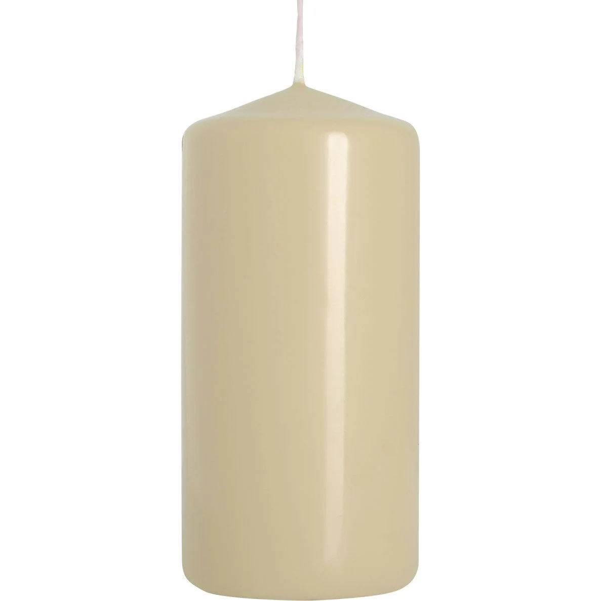 Ivory pillar candle measuring 50x100mm with smooth surface and unlit wick on top