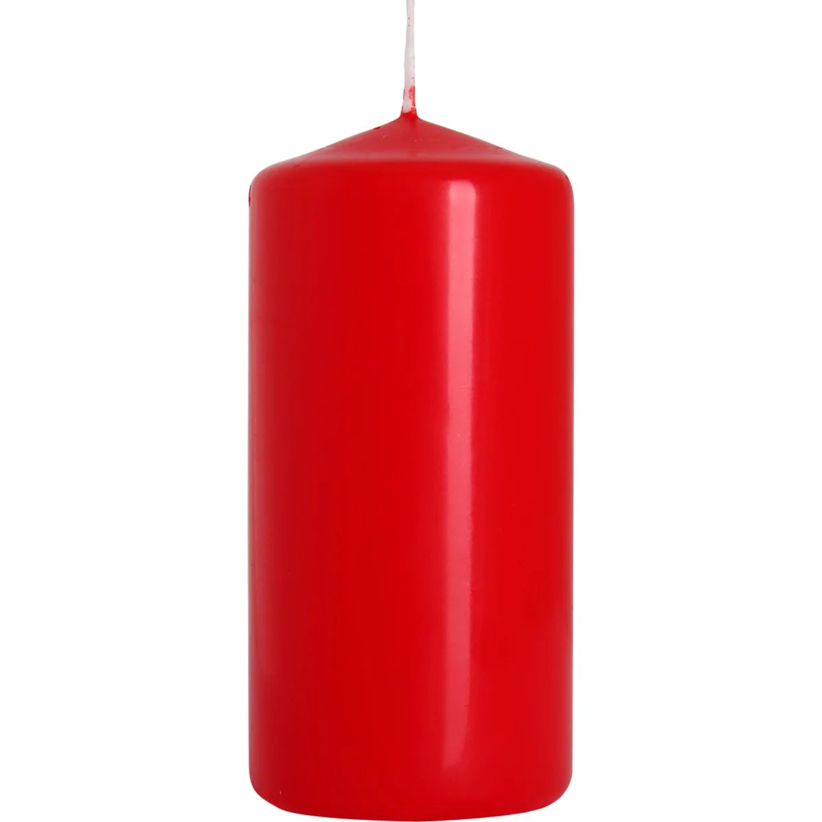 Red scented candle pillar shape, 50x100mm size, solid red color on plain white background