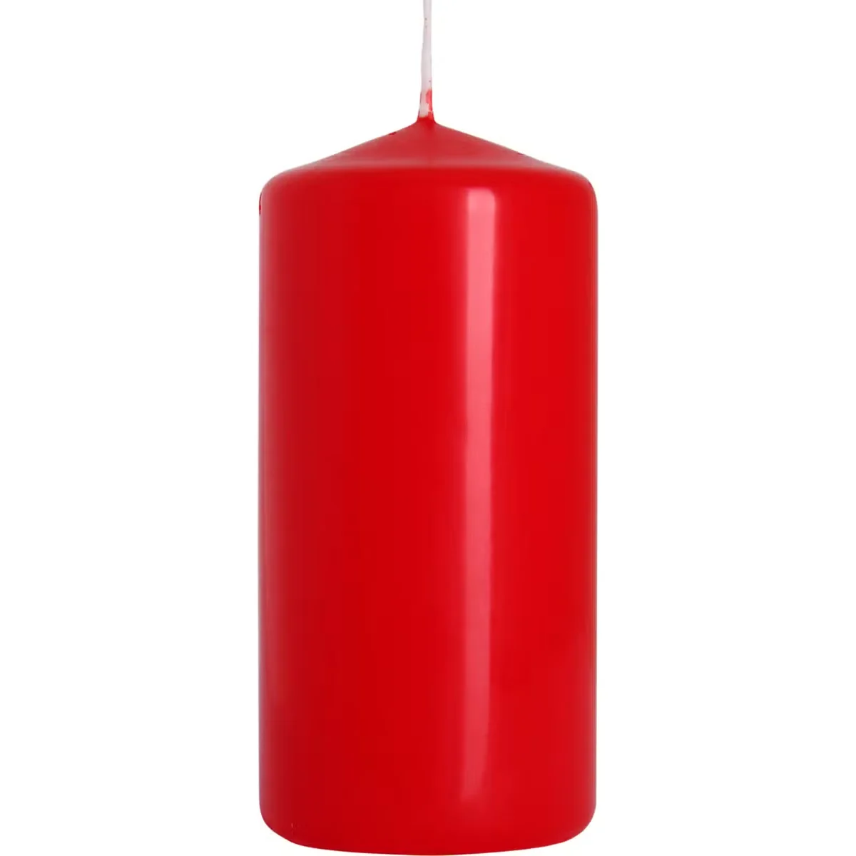 Red pillar candle 50x100mm, long burning candle with smooth surface and cylindrical shape on white background
