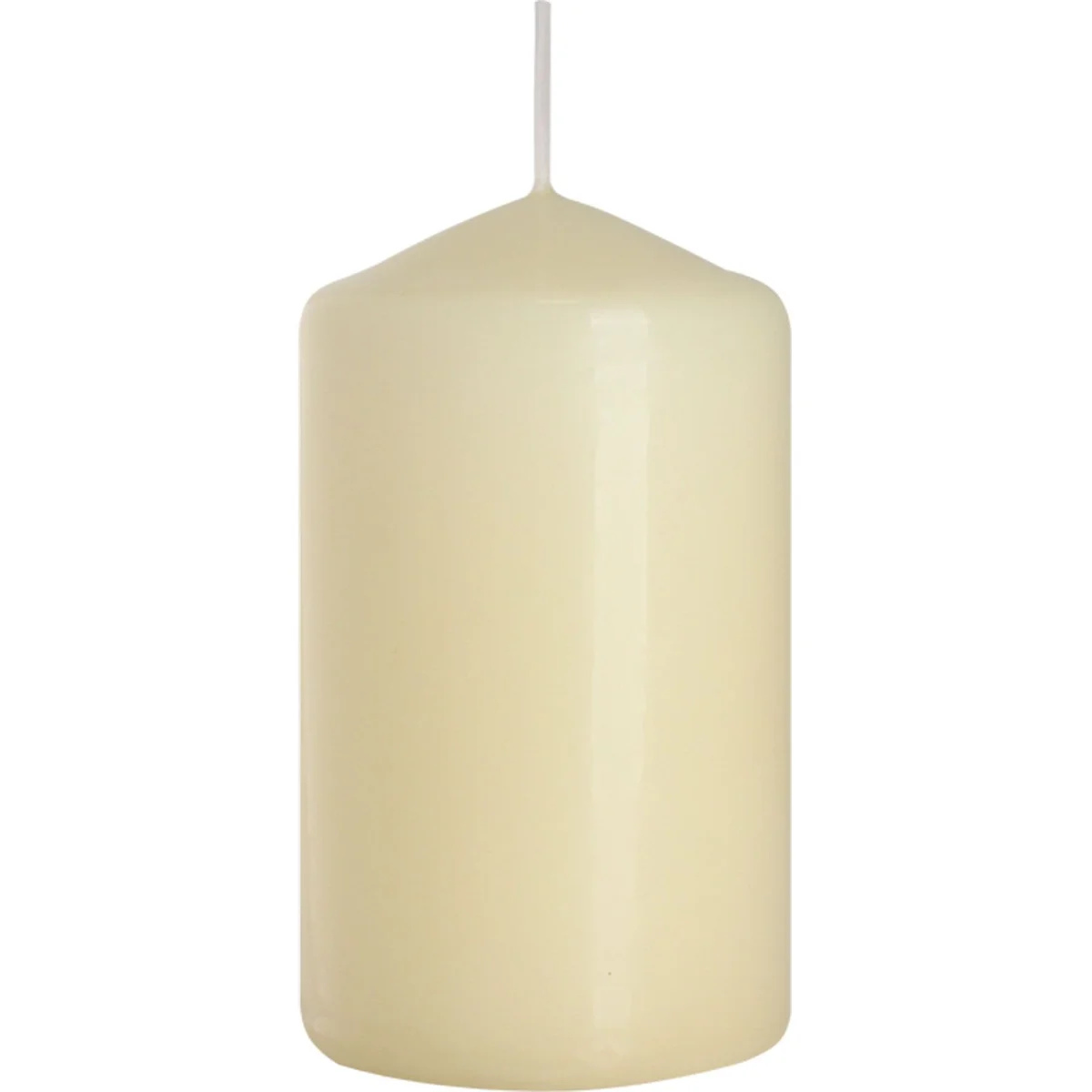 Ivory pillar candle measuring 60 by 100 millimeters with smooth surface on plain background