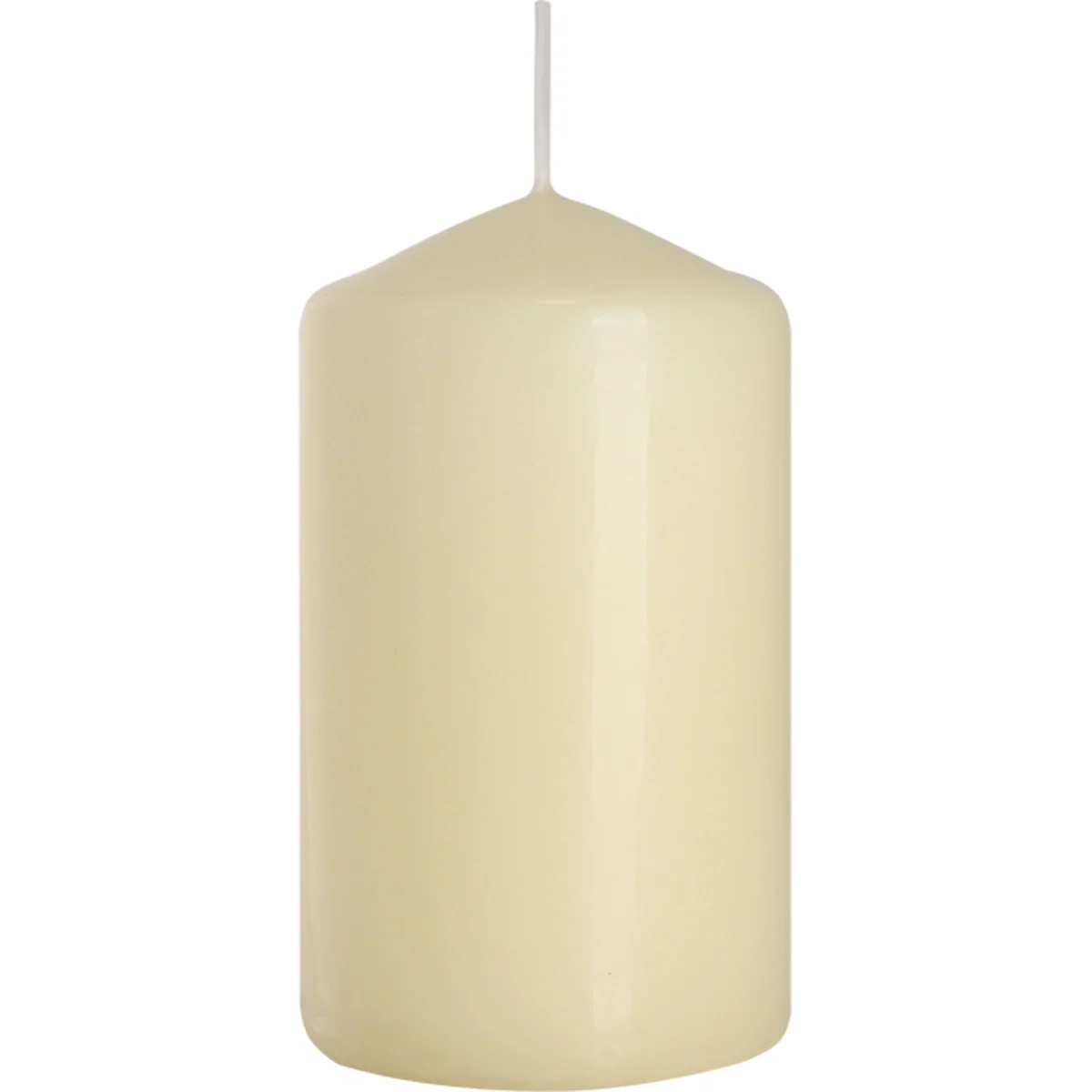 Ivory home candle pillar style, 60x100mm, smooth surface, standing upright on a white background