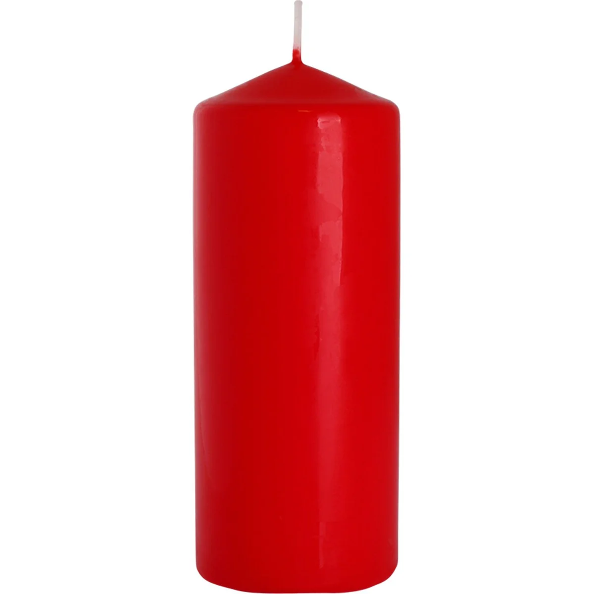 Red pillar candle measuring 60x150mm with smooth surface and unlit wick on top