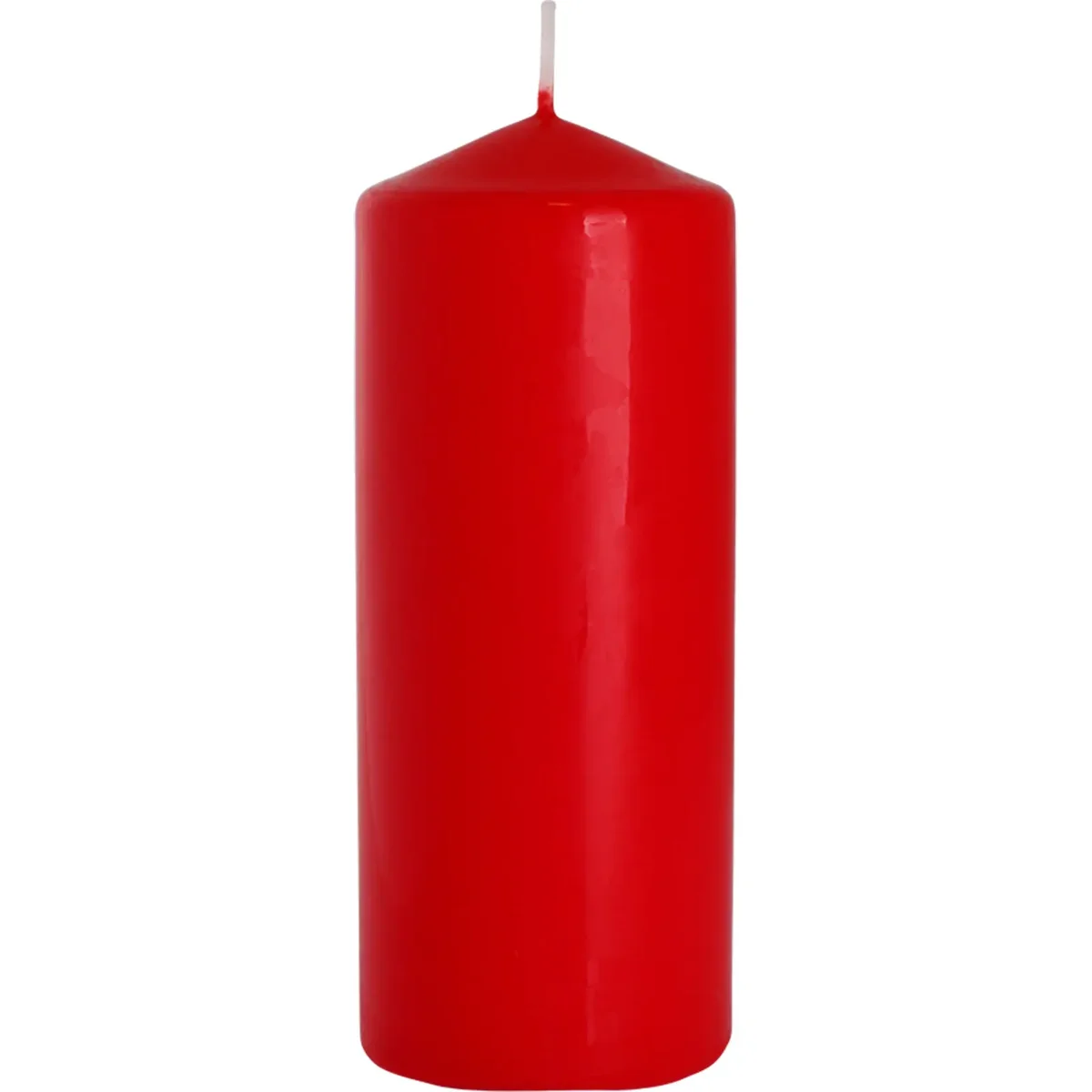 Red decorative pillar candle measuring 60x150mm with smooth surface and unlit wick on top