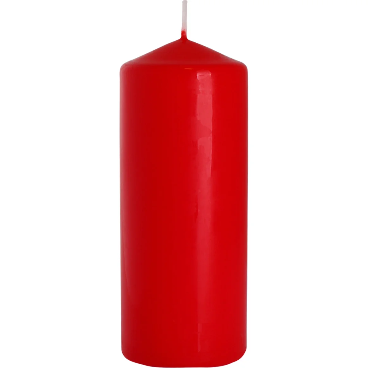 Red pillar candle measuring 60x150mm standing upright on a plain white background