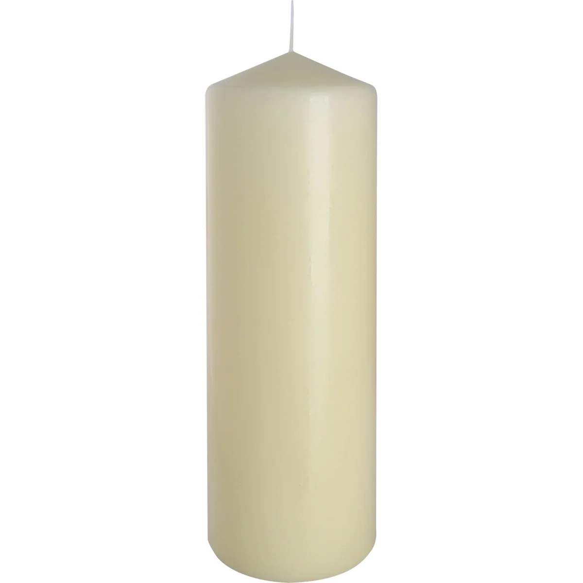 Large ivory pillar candle measuring 80x250mm standing upright on a white background