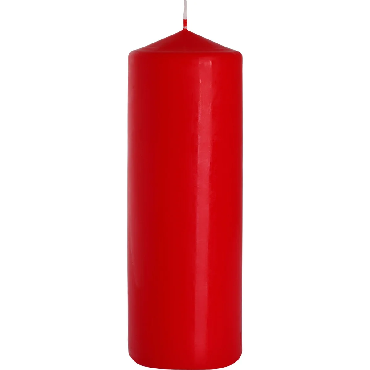 Tall red pillar candle measuring 80x250mm with smooth surface and unlit wick on top