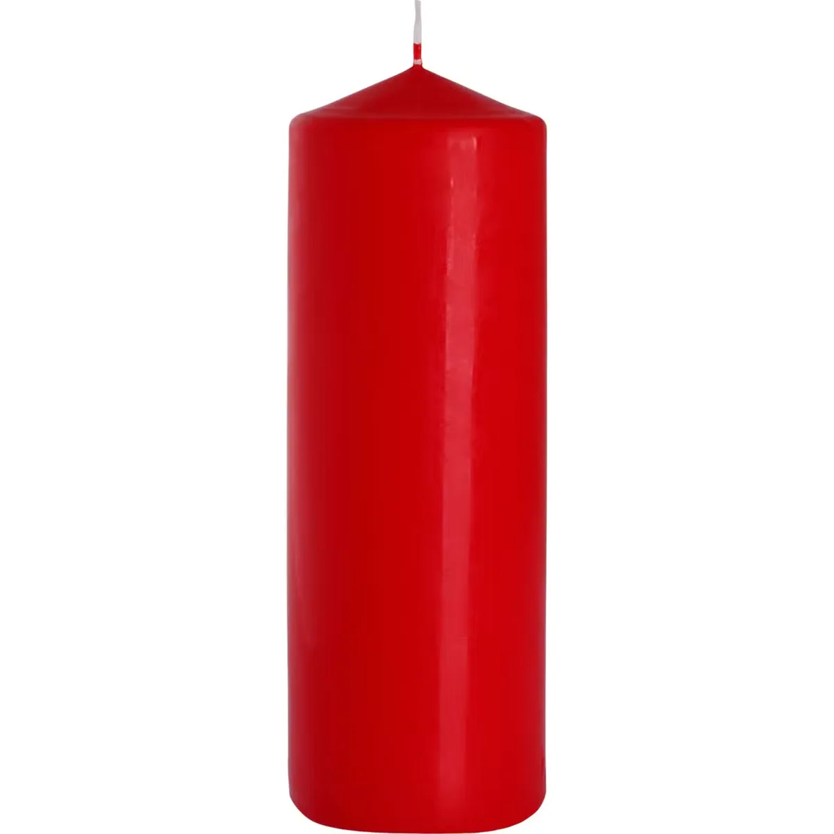 Red pillar 80x250mm candle standing upright with smooth surface on a white background