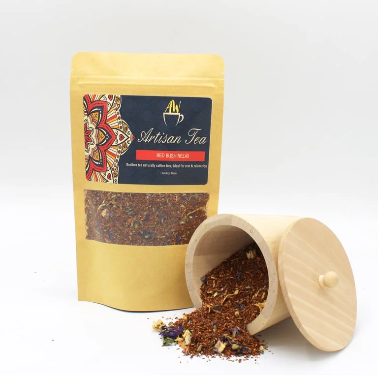 Red bush tea 50g packaging displayed.