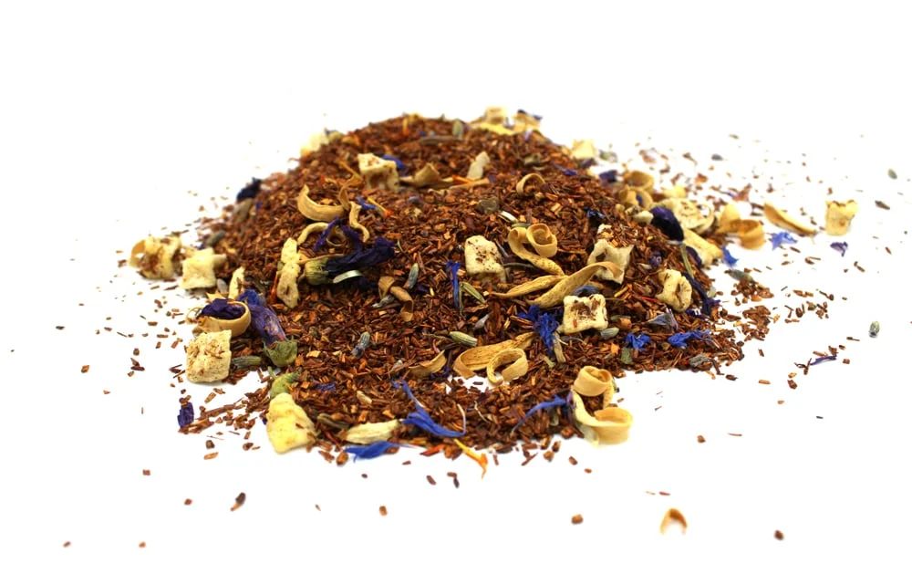 50g red bush tea relax in a red pouch with white text bounding the product logo.
